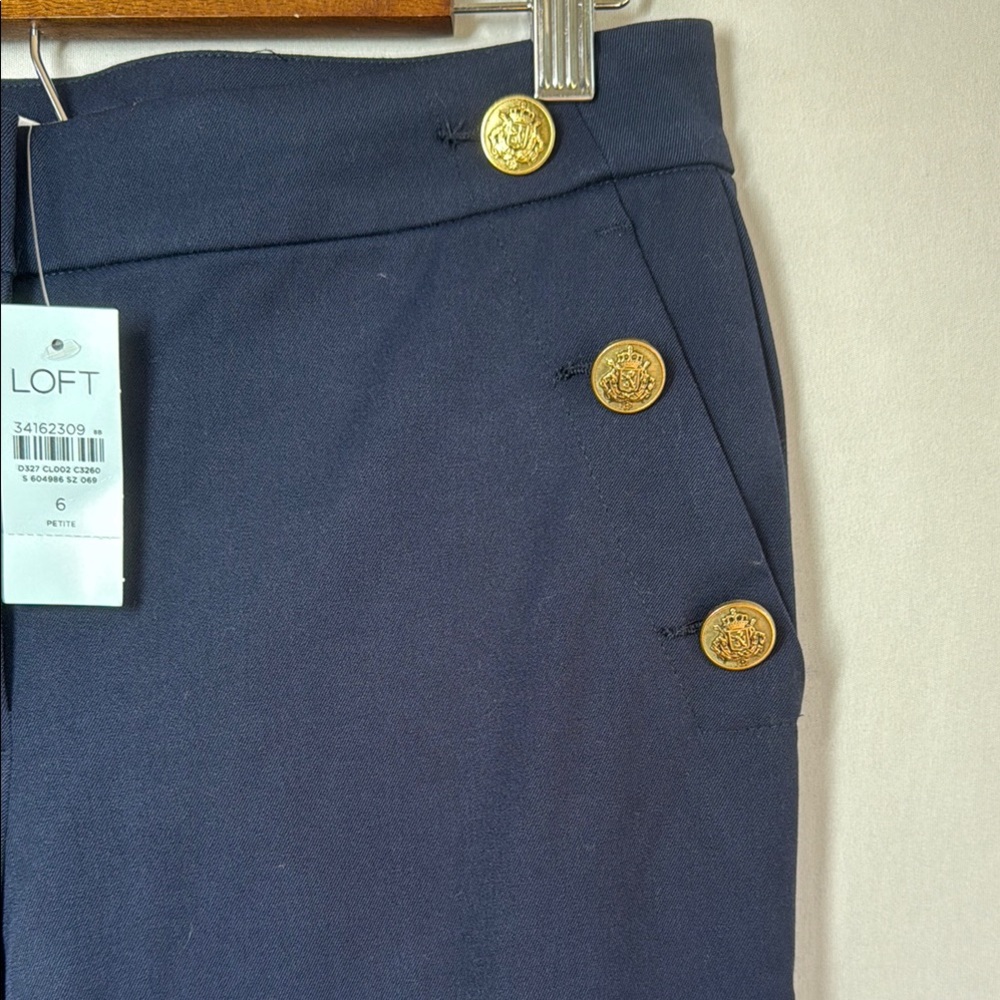 Ann Taylor LOFT Navy Sailor Pants Gold Buttons Straight Leg Crop Size 6 Petite - Picture 2 of 4